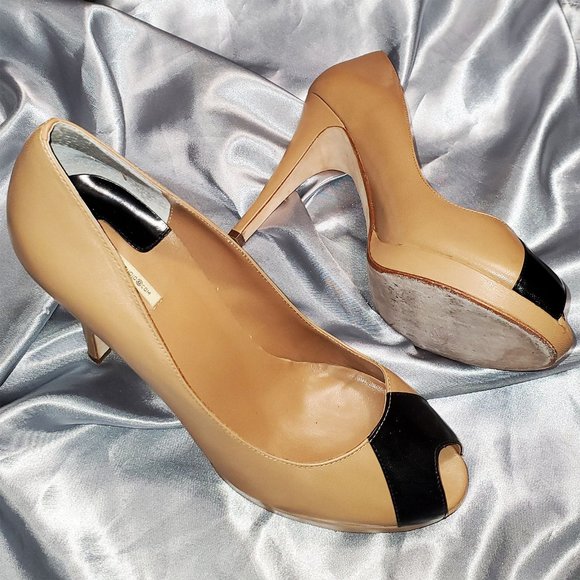 MAX STUDIO camel tan black open toe high heel pumps SZ 9 - xecutive - Picture 1 of 5